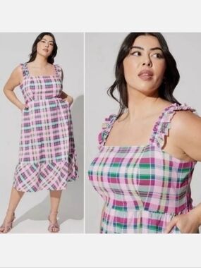 TORRID Pink Multi Plaid Smocked Tank Midi Dress W/ Pockets